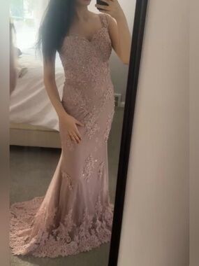 Jovani Dusty Rose Beaded Lace Mermaid Maxi Dress